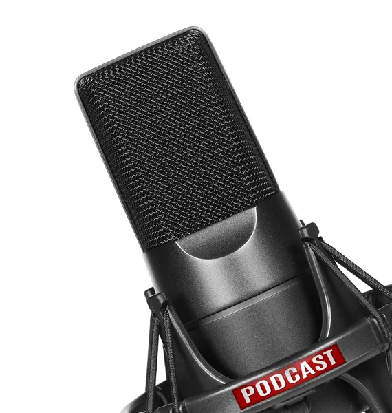 Microfone com um ícone de podcast — Fotografia de Stock