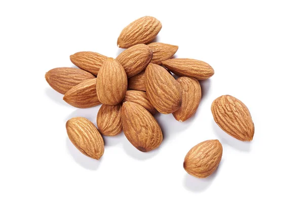 Heap of almond nuts isolated on white background — Stock Photo, Image