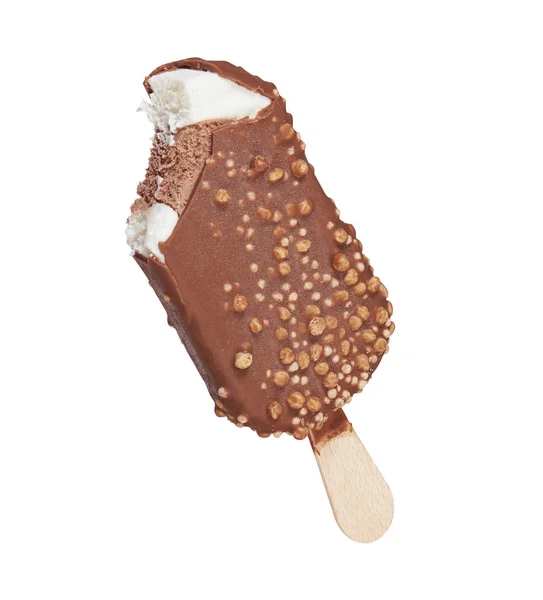 Mordu popsicle crème glacée chocolat recouvert isolé — Photo