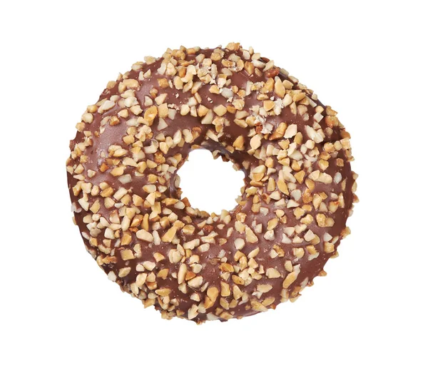 Chocolate donut with nut sprinkles. doughnut isolated on white. — Stock Photo, Image