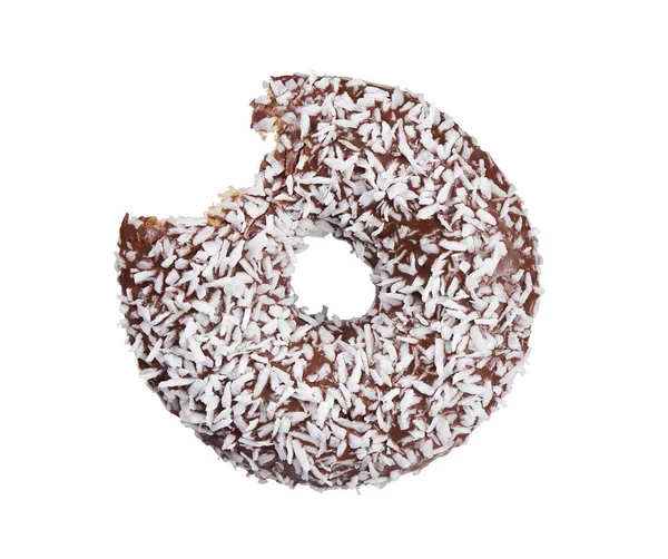 Chocolate glazed bitten round donut with coconut crumb sprinkles — Stock Photo, Image