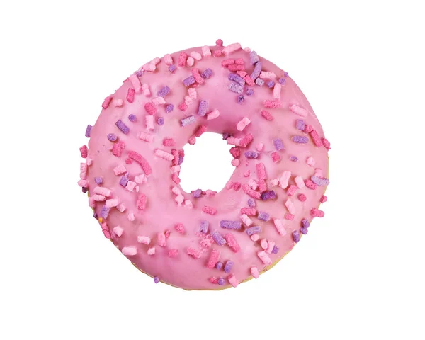 Pink glazed round donut with sprinkles isolated on white — Stock Photo, Image