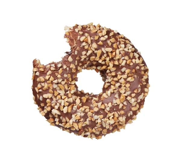 Chocolate glazed bitten round donut with nut sprinkles isolated — Stock Photo, Image