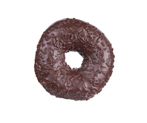 Chocolate glazed round donut with sprinkles isolated on white — Stock Photo, Image