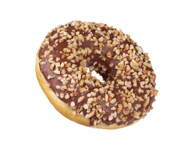 chocolate glazed round donut with nut sprinkles isolated
