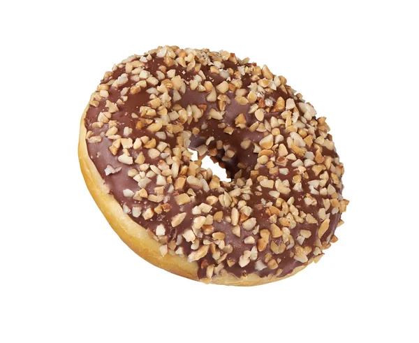 Chocolate glazed round donut with nut sprinkles isolated — Stock Fotó