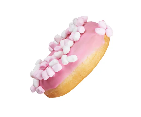 Pink glazed round donut with marshmallow sprinkles on white. Sid — Zdjęcie stockowe