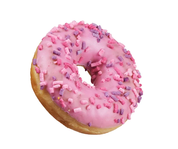 Rood geglazuurde ronde donut met hagelslag geïsoleerd. Zijaanzicht — Stockfoto