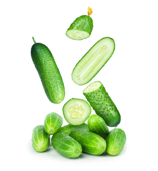 Flying Fresh Cucumbers Isolated White Background — Stock Photo, Image