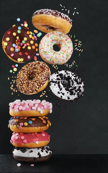 Stack Multicolored Sweet Doughnuts Sprinkles — 스톡 사진
