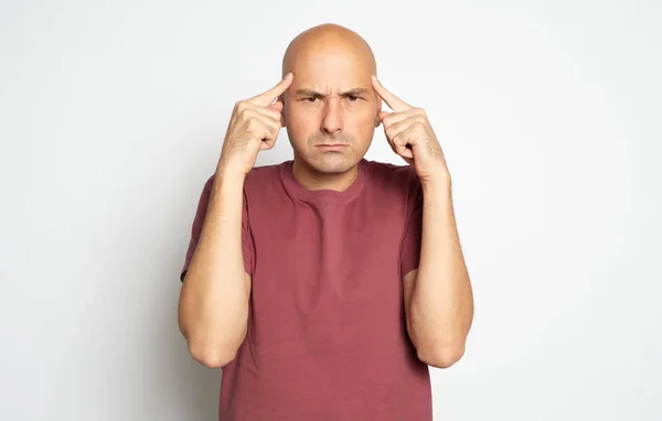 Bald Man Deeps Thought Serious Middle Aged Guy Isolated Grey — Stock Photo, Image