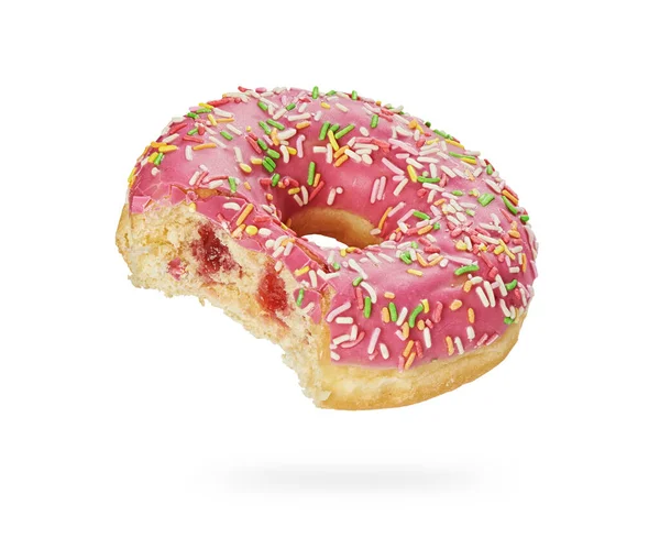 Gebissene Donut Mit Streusel Isoliert Auf Weißem Hintergrund Schneidpfad Inklusive — Stockfoto