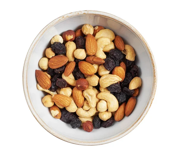 Natural Healthy Food Bowl Nuts Raisins Top View — Stock Photo, Image