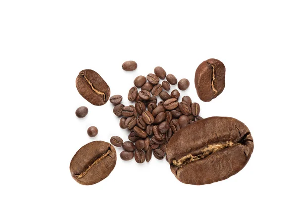 Kaffebönor Isolerade Vit Bakgrund Ovanifrån — Stockfoto