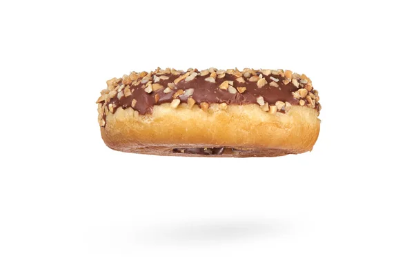 Single Chocolate Glazed Donut Nuts Isolated White Background Side View — Stock Photo, Image