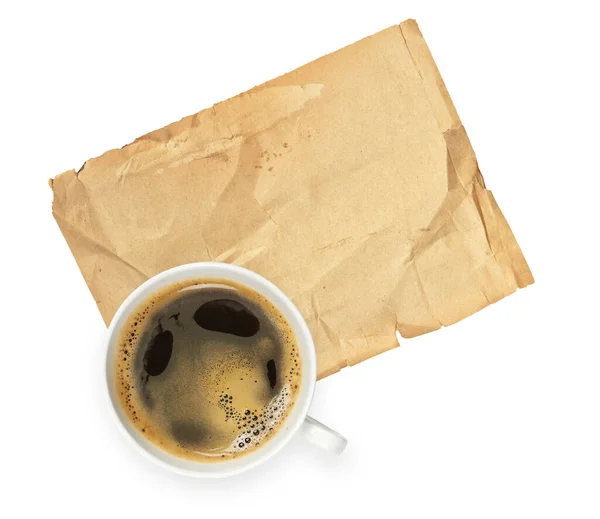 Šálek Kávy Prázdný List Papíru Izolované Přes Bílé Pozadí Horní — Stock fotografie