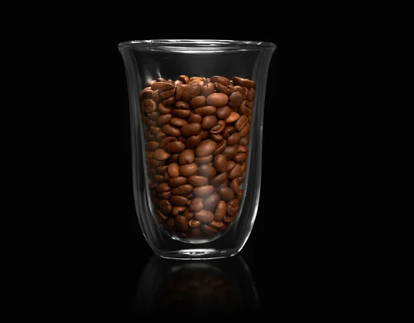 Double Wall Glass Coffee Beans Isolated Black Background Clipping Path — Stock Photo, Image