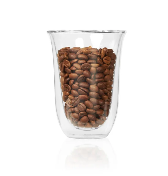 Dubbelwandig Glas Met Koffiebonen Geïsoleerd Witte Achtergrond Met Knippad — Stockfoto