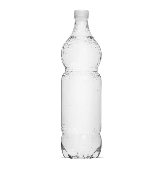 Botol Plastik Air Diisolasi Pada Latar Belakang Putih Dengan Tapak — Stok Foto