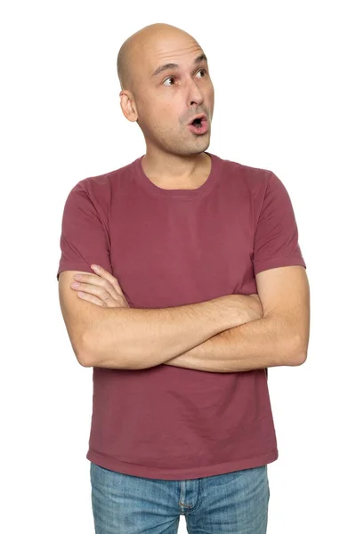 Chocado Anos Velho Careca Homem Shirt Isolado Branco — Fotografia de Stock