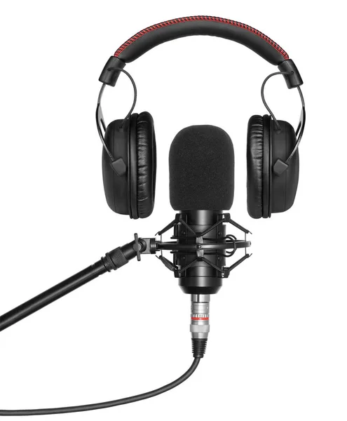 Estúdio Microfone Fones Ouvido Isolados Fundo Branco — Fotografia de Stock