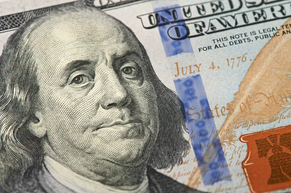 Porträt Von Präsident Benjamin Franklin Auf 100 Dollar Banknote — Stockfoto
