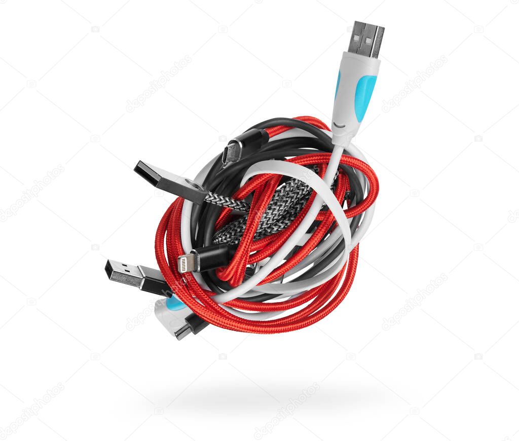 Tangled roll of computer wires isolated on white background with clipping path