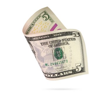 Amerikan kağıt para birimi. Kırpma yolu olan beyaza izole edilmiş beş dolar.