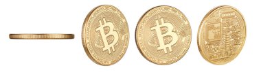 Bitcoin Fiziksel bit bozuk para. Dijital para birimi. Kırpma yolu ile beyaz arkaplanda izole kripto para birimi