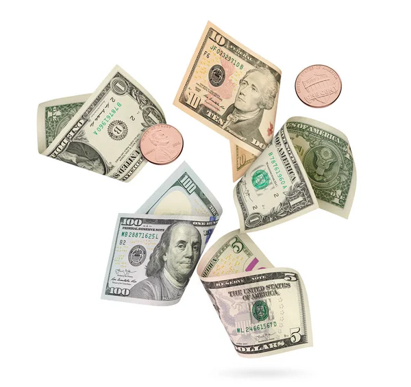 Several Paper Currency American Dollars Flying White Background — Stock Photo, Image