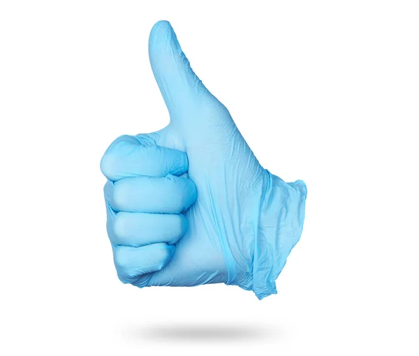 Arzt Hand Blauen Sterilen Handschuhen Zeigt Daumen Nach Oben Zeichen — Stockfoto