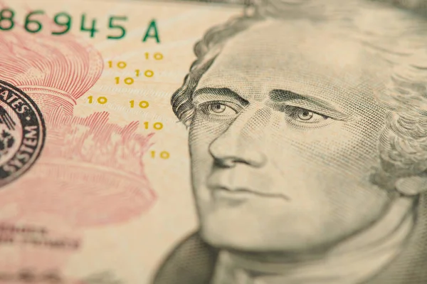 Hamiltonův Portrét Deset Amerických Dolarů Uzavření Americké Papírové Měny — Stock fotografie