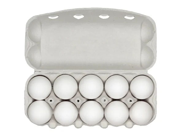 Яйца Коробке Изолированы Белом Фоне Вырезанием Пути Вид Сверху — стоковое фото