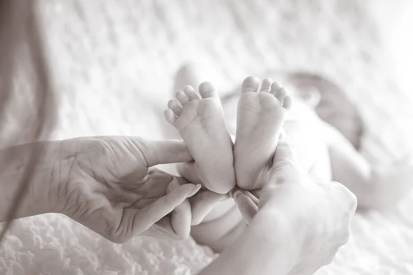 Benen van de baby in moeder's handen — Stockfoto
