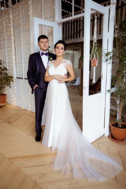 Şık elbiseli güzel gelin ve takım elbiseli damat. 