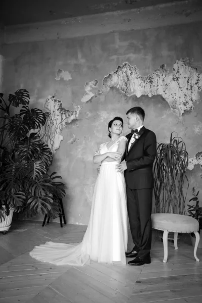 Mariée dans une robe élégante et marié dans un costume sur un fond de — Photo