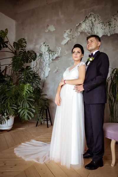 Bride in an elegant dress and groom in a suit on a background of