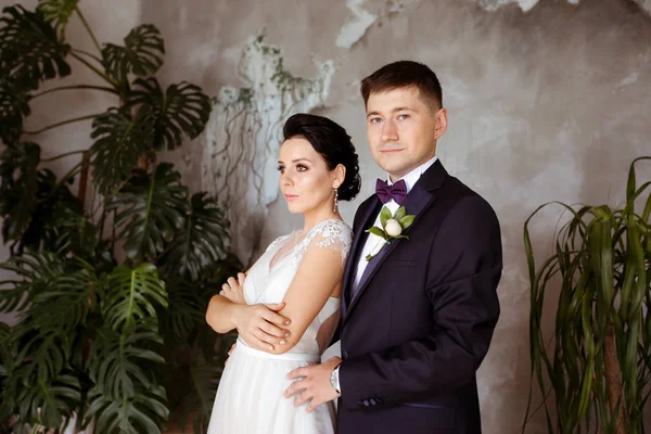 Brud i en elegant klänning och brudgum i en kostym på en bakgrund av — Stockfoto