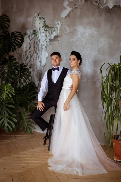 Hermosa novia en un vestido elegante el novio en un chaleco en — Foto de Stock