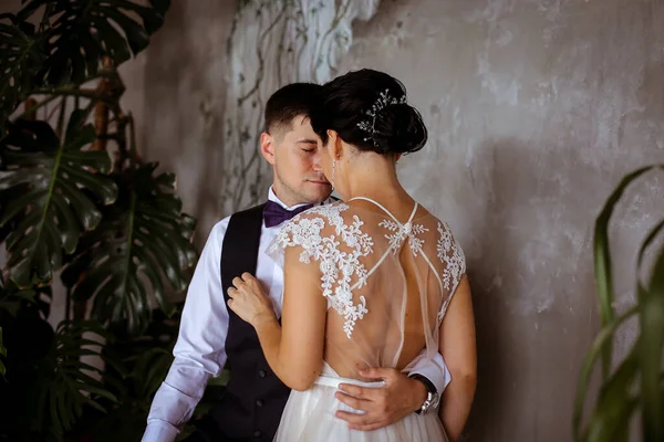 Vacker brud i en elegant klänning brudgummen i en väst i — Stockfoto