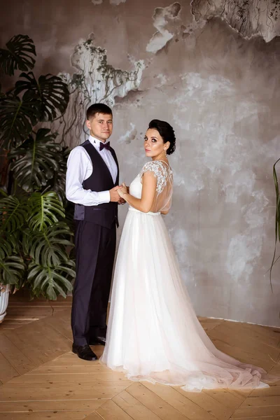 Hermosa novia en un vestido elegante el novio en un chaleco en — Foto de Stock