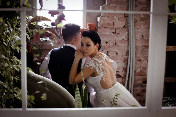 Novio en chaleco y hermosa novia en un vestido elegante sentado ba — Foto de Stock