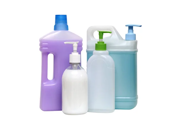 Hushållskemikalier för städning av huset. Rengöringsmedel i plasten — Stockfoto