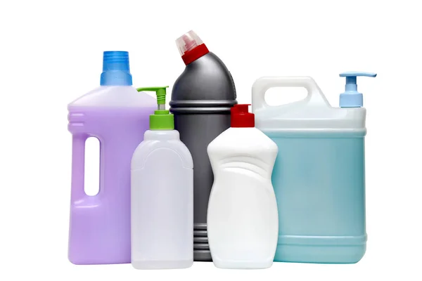 Bahan kimia rumah tangga untuk membersihkan rumah. Deterjen di plasti — Stok Foto