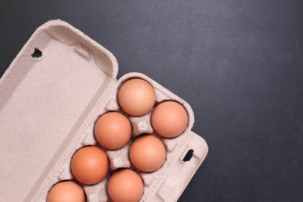 Chicken Eggs Paper Box Black Textured Background — Stock Photo, Image