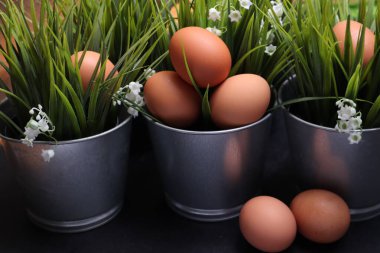 Siyah desenli arka planda çimenlerin arasında paskalya yumurtaları.