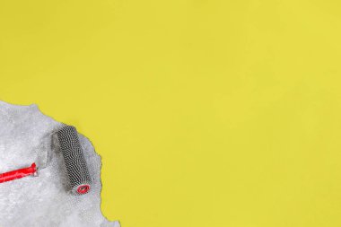 Beton zemin sarıya boyanmış. Müteahhit ev satışını hızlandırmak için garajın zeminini boyayacak.
