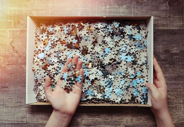 Hands Teenager Put Puzzle Table Concept Quarantine Self Isolation — Stock Photo, Image