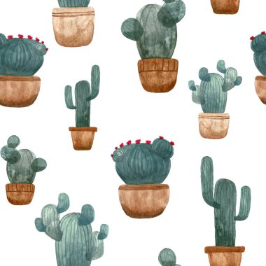 Sulu yeşil kaktüslerin kusursuz deseni, beyaz arka plandaki saksılarda sulu suşlar, el çizimi, tebrik kartı..