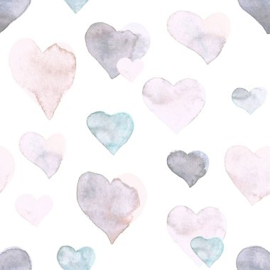 Kusursuz kalp deseni. Elle boyanmış suluboya. Web siteleri için grafiksel tasarım ögesi, sabit yazdırılabilir tablolar, kumaş, yapıştırma kitabı vs..